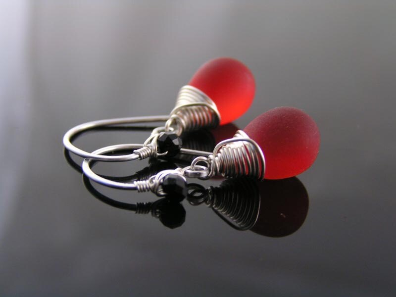 Red and Silver Earrings, Sea Glass Czech Glass Drops, E1754