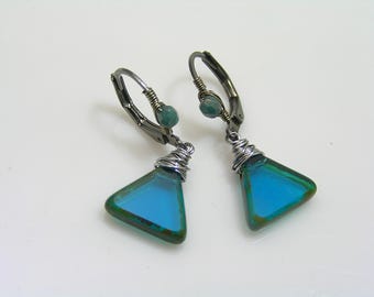 Triangle Earrings, Teal Blue, Czech Glass Beads, E2351