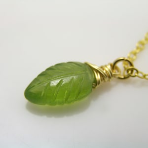 Vesuvianite Leaf Necklace, Carved Gemstone, Gold Jewelry, N2159