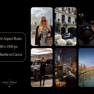 May include: A collage of six images showcasing a luxurious lifestyle. The images feature a woman in a silver dress holding a cocktail, a black car, a white flower arrangement, a view of a city skyline at night, a view of a city skyline during the day, and a person driving a car at night.