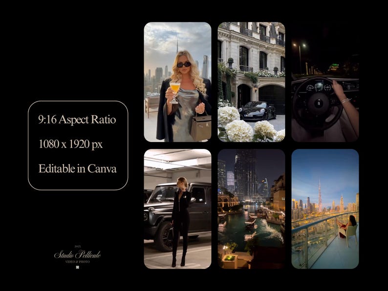 May include: A collage of six images showcasing a luxurious lifestyle. The images feature a woman in a silver dress holding a cocktail, a black car, a white flower arrangement, a view of a city skyline at night, a view of a city skyline during the day, and a person driving a car at night.