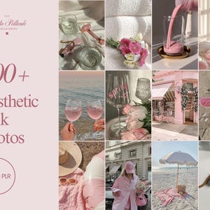 May include: A collage of images featuring pink aesthetic photos. The images include pink drinks, flowers, sunglasses, and a pink umbrella on a beach.