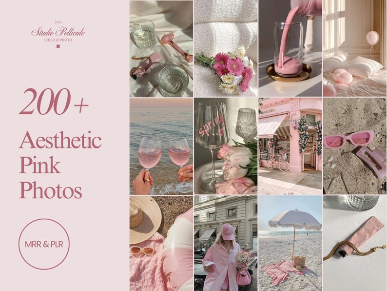 May include: A collage of images featuring pink aesthetic photos. The images include pink drinks, flowers, sunglasses, and a pink umbrella on a beach.