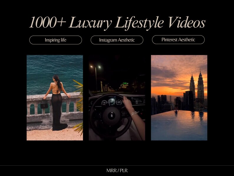 May include: Three images showcasing a luxurious lifestyle. The first image shows a person in a black dress standing on a balcony overlooking the ocean. The second image shows a person driving a car at night. The third image shows a city skyline with a pool in the foreground.