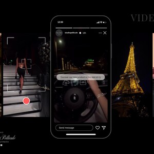 May include: A collage of three videos. The first video shows a woman walking up a staircase. The second video shows a person driving a car at night. The third video shows the Eiffel Tower at night. The text "Discover our new product in the next story" is displayed on the screen.