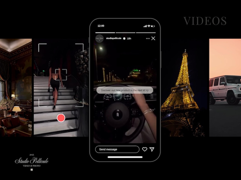 May include: A collage of three videos. The first video shows a woman walking up a staircase. The second video shows a person driving a car at night. The third video shows the Eiffel Tower at night. The text "Discover our new product in the next story" is displayed on the screen.