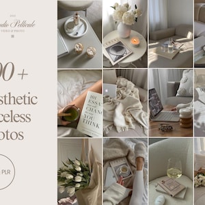 May include: A collage of images featuring a variety of aesthetic and minimalist scenes, including a white couch, a book titled "101 Essays That Will Change The Way You Think", a cup of coffee, a laptop, and a bouquet of white flowers. The text "600+ Aesthetic Faceless Photos" is displayed in the top left corner of the image.