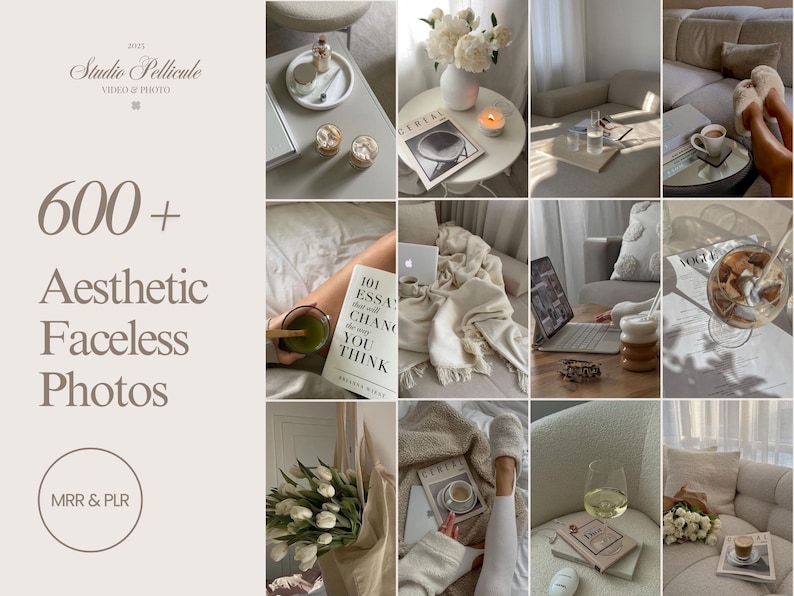 May include: A collage of images featuring a variety of aesthetic and minimalist scenes, including a white couch, a book titled "101 Essays That Will Change The Way You Think", a cup of coffee, a laptop, and a bouquet of white flowers. The text "600+ Aesthetic Faceless Photos" is displayed in the top left corner of the image.