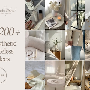 May include: A collage of images featuring a variety of aesthetic and minimalist home decor items, including a white armchair, a book, a glass of wine, a candle, and a vase of flowers. The text "200+ Aesthetic Faceless Videos MRR & PLR" is displayed on the left side of the image.