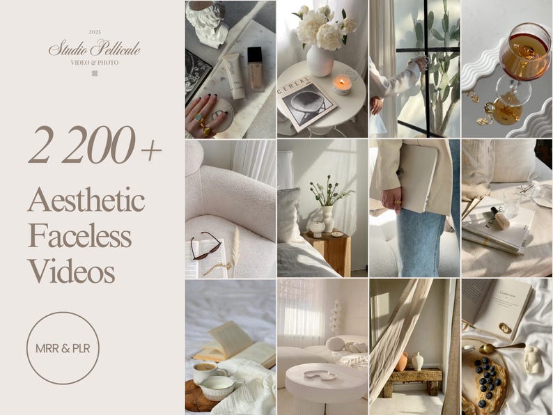 May include: A collage of images featuring a variety of aesthetic and minimalist home decor items, including a white armchair, a book, a glass of wine, a candle, and a vase of flowers. The text "200+ Aesthetic Faceless Videos MRR & PLR" is displayed on the left side of the image.