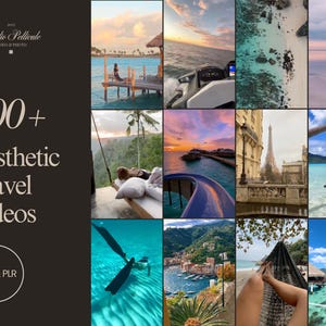 May include: A collage of 9 images showcasing various travel destinations. The images feature beaches, sunsets, boats, and a cityscape. The text "600+ Aesthetic Travel Videos" is displayed in the top left corner.