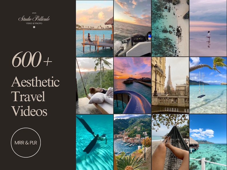 May include: A collage of 9 images showcasing various travel destinations. The images feature beaches, sunsets, boats, and a cityscape. The text "600+ Aesthetic Travel Videos" is displayed in the top left corner.