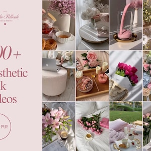 May include: A collage of images featuring pink and white flowers, candles, a laptop, a glass of pink liquid, and a tray with a bowl of pink candy. The text "400+ Aesthetic Pink Videos" is displayed on a pink background.