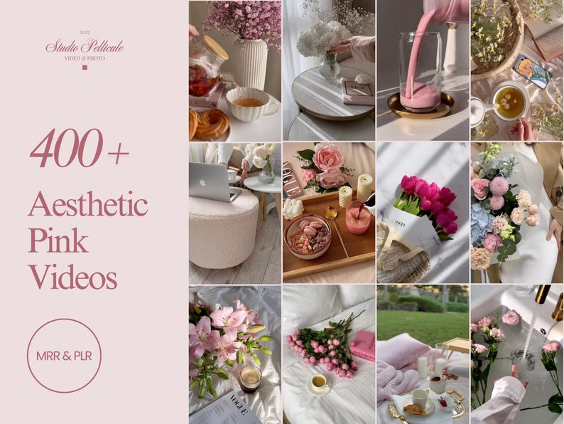 May include: A collage of images featuring pink and white flowers, candles, a laptop, a glass of pink liquid, and a tray with a bowl of pink candy. The text "400+ Aesthetic Pink Videos" is displayed on a pink background.