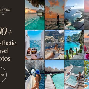 May include: A collage of 9 images showcasing various travel destinations. The images feature beaches, boats, islands, and people enjoying the scenery. The text "100+ Aesthetic Travel Photos" is displayed in the center of the collage.