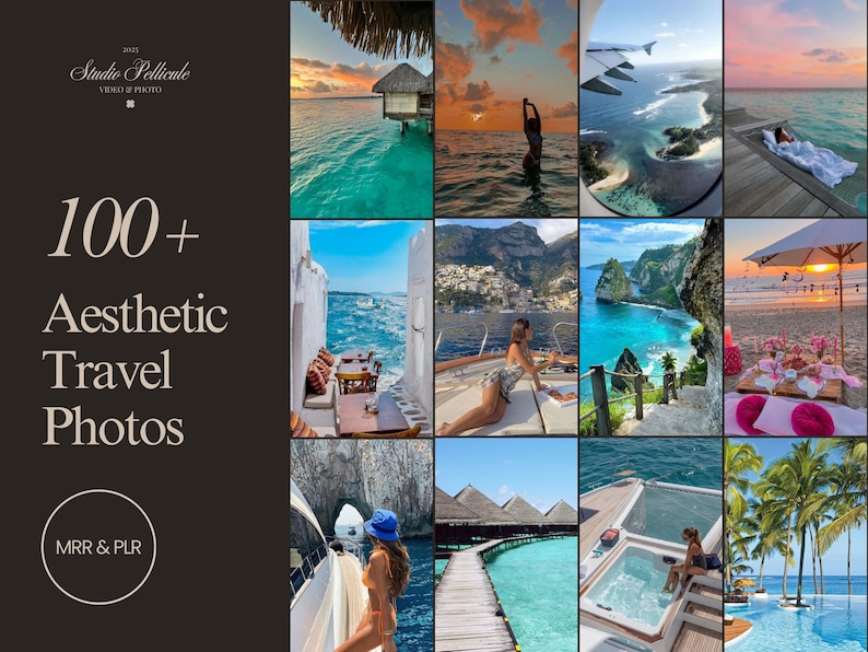 May include: A collage of 9 images showcasing various travel destinations. The images feature beaches, boats, islands, and people enjoying the scenery. The text "100+ Aesthetic Travel Photos" is displayed in the center of the collage.