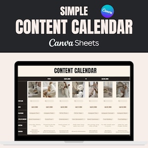 May include: A laptop screen displaying a content calendar template with a simple design. The calendar is divided into columns for each day of the week, with rows for different types of content, such as Instagram posts, TikTok videos, and blog articles. The template is designed to help users plan and schedule their social media content.