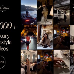May include: A collage of images showcasing a luxurious lifestyle. The images include a woman in a convertible car, a glass of champagne, a woman in a restaurant, a woman walking down a hallway, and a woman in a white dress. The text "1000+ Luxury Lifestyle Videos" is displayed in the center of the collage.