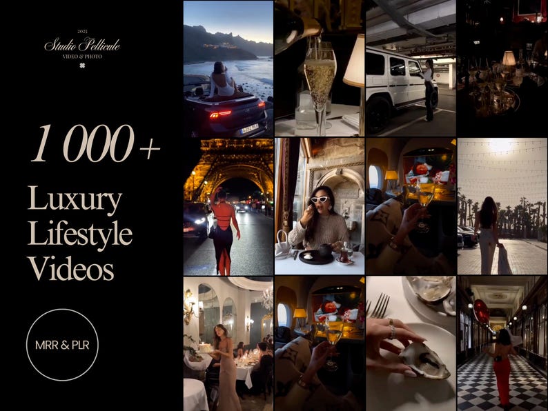 May include: A collage of images showcasing a luxurious lifestyle. The images include a woman in a convertible car, a glass of champagne, a woman in a restaurant, a woman walking down a hallway, and a woman in a white dress. The text "1000+ Luxury Lifestyle Videos" is displayed in the center of the collage.
