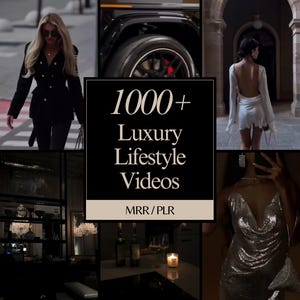 Puede incluir: Un collage de imágenes que muestran un estilo de vida de lujo. Las imágenes incluyen a una mujer con una chaqueta negra caminando por la calle, un neumático de coche, una mujer con un vestido blanco caminando por un pasillo, una mujer con un vestido plateado, una mujer con una blusa negra y una vela sobre una mesa. El texto "1000+ Luxury Lifestyle Videos MRR/PLR" se muestra en el centro del collage.
