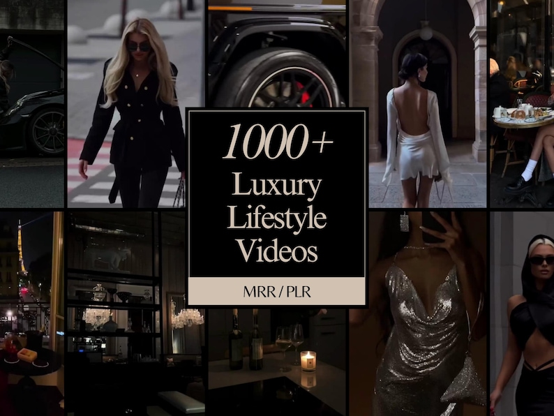 May include: A collage of images showcasing a luxurious lifestyle. The images include a woman in a black jacket walking down a street, a car tire, a woman in a white dress walking down a hallway, a woman in a silver dress, a woman in a black top, and a candle on a table. The text "1000+ Luxury Lifestyle Videos MRR/PLR" is displayed in the center of the collage.