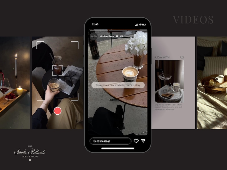 以下が含まれることがあります： スマートフォンには、コーヒー、キャンドル、トレイ付きのベッドなど、ライフスタイルビデオが映し出されています。スマートフォンの画面には、木製のテーブルに置かれたコーヒーカップと「Discover our new product in the next story」というテキストが表示されています。