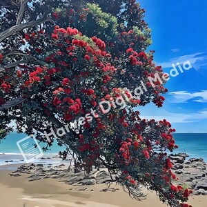 Puede incluir: Imagen digital de un árbol con flores rojas vibrantes sobre una playa arenosa. El cielo azul y el océano completan la escena. La imagen, de estilo pictórico, resalta la naturaleza y sus colores.
