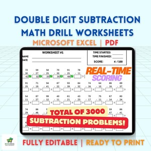 Może przedstawiać: Arkusz ćwiczeń do odejmowania dwucyfrowego. Arkusz nosi tytuł "Arkusz nr 1" i zawiera sekcję na imię i nazwisko ucznia oraz datę. Arkusz zawiera łącznie 3000 zadań odejmowania. Arkusz jest w pełni edytowalny i gotowy do wydruku. Arkusz został zaprojektowany do użytku z programem Microsoft Excel i PDF.