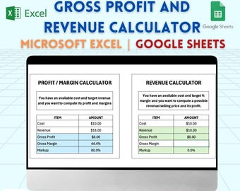 Calculadora de margen bruto (Excel y Hojas de cálculo de Google): descarga digital para calcular la ganancia bruta, el margen, los ingresos y los costos para propietarios de empresas.