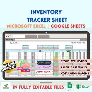 Inventory Tracker Google Sheets & Excel | Automated Stock Management | Product Tracking Spreadsheet Reseller Business Planner for Materials