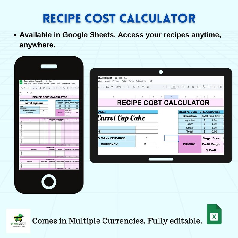 Recipe Cost Calculator Google Sheets and Excel Food Costing, Profit ...