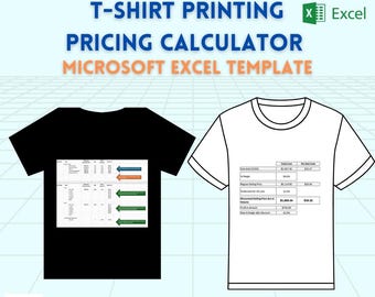 May include: A Microsoft Excel template for calculating t-shirt printing pricing. The template is shown on a black and white t-shirt. The template includes fields for calculating costs, pricing, and profit margins.