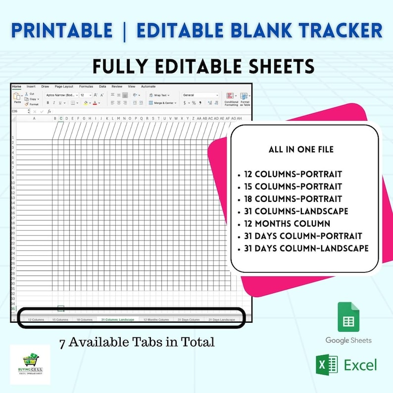 Printable Tracking Spreadsheet – PDF, Excel & Google Sheets | 12-month ...