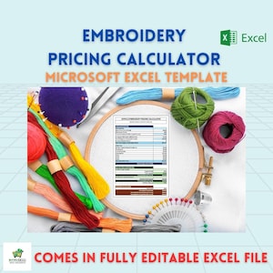 Könnte beinhalten: Eine Microsoft Excel-Vorlage zur Berechnung von Stickpreisen. Die Vorlage wird auf einer weißen Oberfläche mit buntem Stickgarn, einem Stickrahmen und Stecknadeln gezeigt.