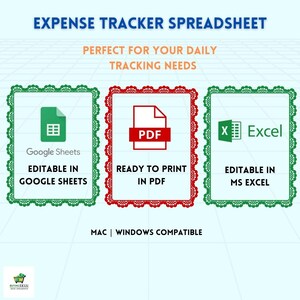 May include: A green, red, and white graphic with the text "EXPENSE TRACKER SPREADSHEET" in blue. The graphic shows three options for downloading the spreadsheet: Google Sheets, PDF, and Excel. The text "PERFECT FOR YOUR DAILY TRACKING NEEDS" is in blue. The text "MAC | WINDOWS COMPATIBLE" is in blue.