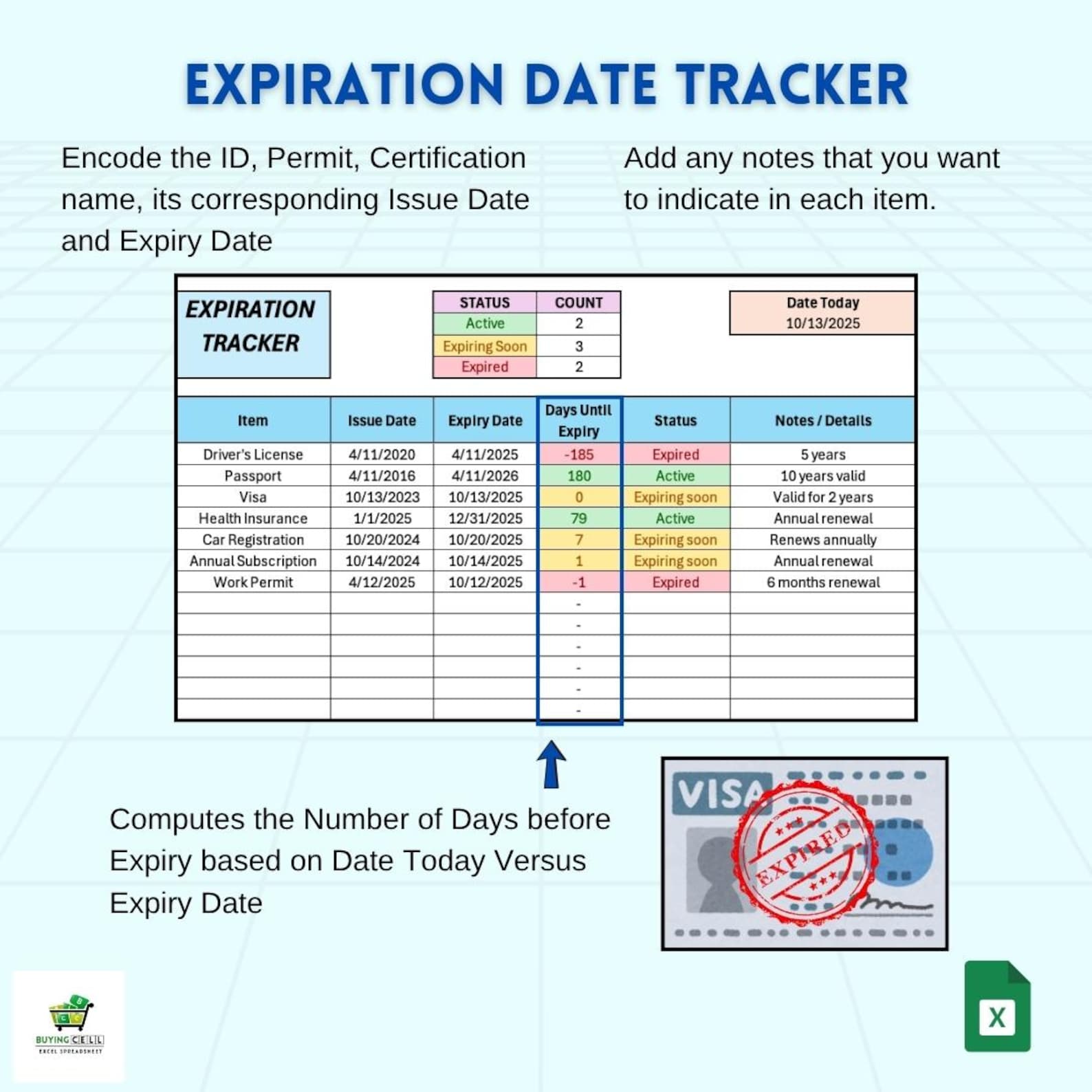 Expiration Date Tracker | Excel & Google Sheets Expiry Log | ID, Permit ...