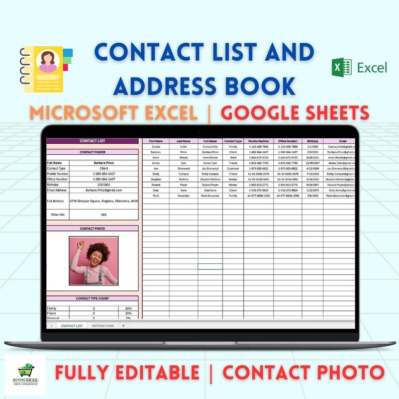 Contact List Google Sheets & Excel | Digital Phone Book Emergency ...