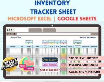 Lagerhanteringsspårning Google Sheets och Excel | Automatiserad lagerhantering | Kalkylblad för produktspårning Återförsäljaraffärsplanerare för material