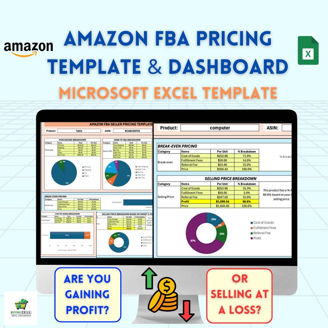 Amazon FBA Pricing Template, Amazon Seller Excel Sheet, FBA Profit Loss Tracker, Data Analysis ...