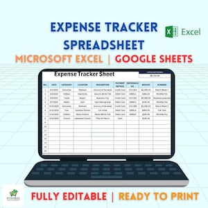 May include: A spreadsheet template for tracking expenses. The template is designed for use in Microsoft Excel or Google Sheets. The spreadsheet includes columns for date, category, location, description, payment method, reference number, amount, and remarks. The total expenses are shown as £8,150.00.