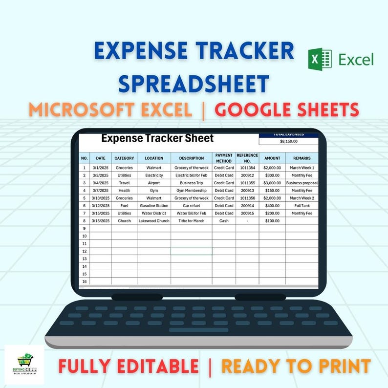 May include: A spreadsheet template for tracking expenses. The template is designed for use in Microsoft Excel or Google Sheets. The spreadsheet includes columns for date, category, location, description, payment method, reference number, amount, and remarks. The total expenses are shown as $8,150.00.