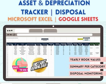 Plantilla de seguimiento de enajenación de activos, Hojas de cálculo de Google para seguimiento de activos, Seguimiento financiero, Seguimiento de ventas de activos, Seguimiento de depreciación, Gestión de activos