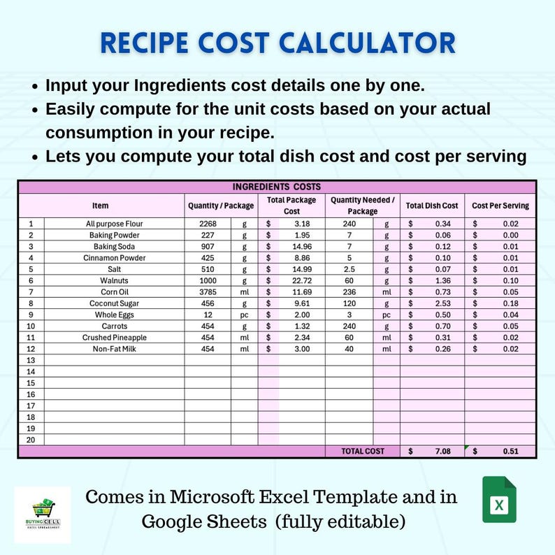 Recipe Cost Calculator Google Sheets and Excel Food Costing, Profit ...