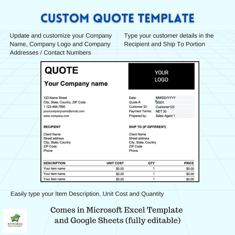 Custom Quote Template Excel | Quote by Lot & Itemized | Business ...