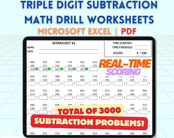 Tresiffrig subtraktion: Matematiska övningar (Excel och PDF)