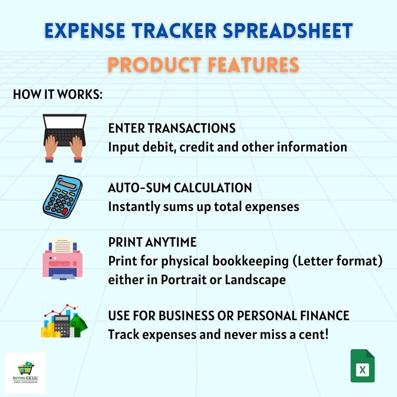 May include: A colorful infographic with the title "Expense Tracker Spreadsheet" and the text "Product Features". The infographic shows how to use the spreadsheet to enter transactions, calculate expenses, print reports, and track finances.