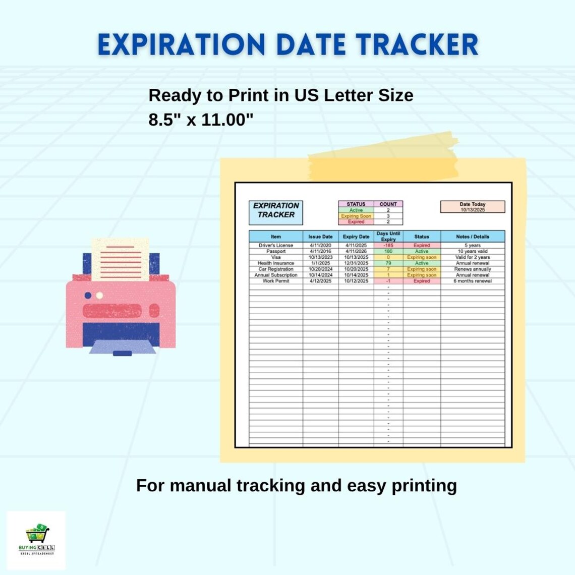 Expiration Date Tracker | Excel & Google Sheets Expiry Log | ID, Permit ...