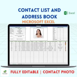 May include: A screenshot of a Microsoft Excel spreadsheet with a contact list and address book template. The spreadsheet includes columns for full name, contact type, phone number, email address, birthday, street address, city, region, country, postal code, and other information. The spreadsheet also includes a contact photo section and a contact type count section.