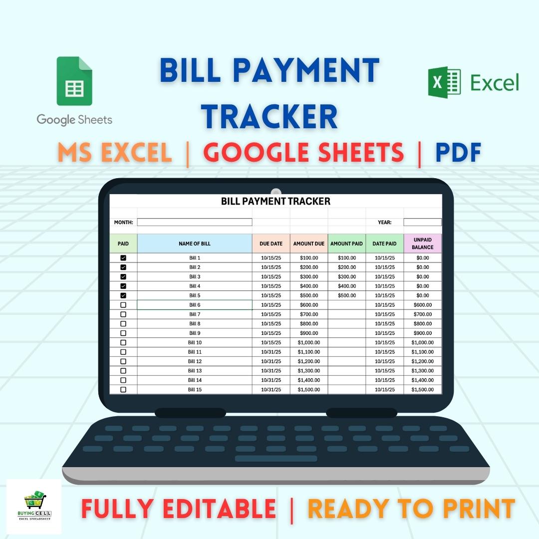 Bill Payment Tracker Excel and Google Sheets | Monthly Bill Log ...