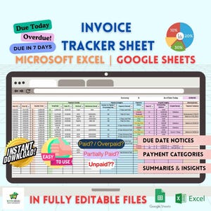 May include: A computer screen displaying a spreadsheet with the title "Invoice Tracker Sheet" in a colourful graphic. The spreadsheet is designed for use with Microsoft Excel or Google Sheets. The spreadsheet includes columns for invoice number, due date, total amount, payment details, payment insights, and due date notices. The spreadsheet also includes a pie chart showing percentages of 10%, 20%, and 30%.